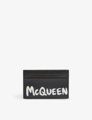 ALEXANDER MCQUEEN ALEXANDER MCQUEEN MEN'S BLACK/WHITE GRAFFITI-PRINT LEATHER CARD HOLDER,67021100