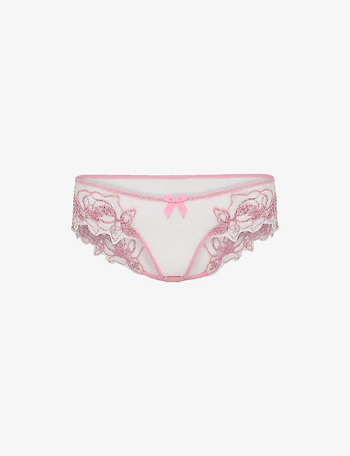 AGENT PROVOCATEUR: Lindie floral-embroidered low-rise tulle briefs