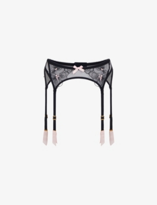 Agent Provocateur Womens Black Sequin-embellished High-rise Floral-lace Tulle Suspenders