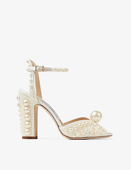 JIMMY CHOO: Sacaria 100 pearl-embellished satin platform sandals