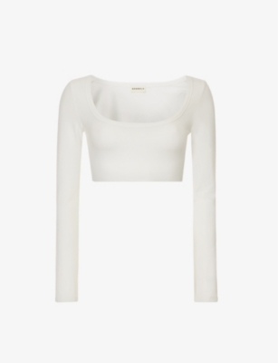 ADANOLA: Scoop-neck cropped stretch-cotton top