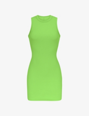 Skims Womens Neon Green Slim-fit Ribbed Stretch-cotton Mini Dress ...