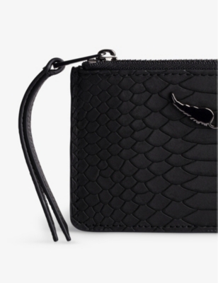 Zadig & Voltaire Womens Noir Zv Wing-embossed Python-effect Leather Cardholder In Noir