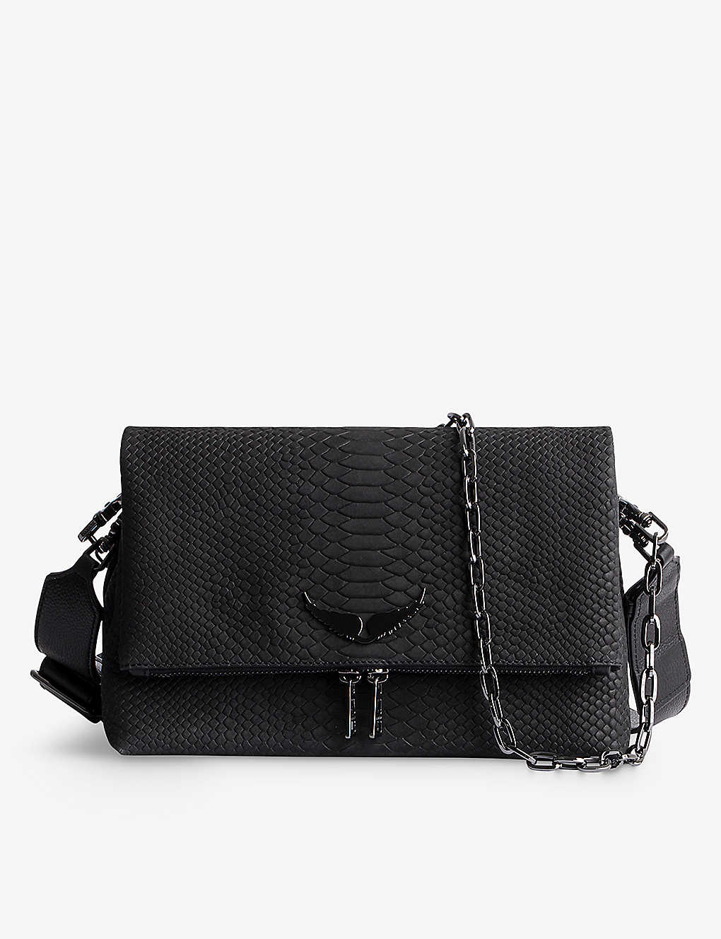 Zadig & Voltaire Rocky Wing-embellished Python-effect Leather Crossbody Bag In Noir