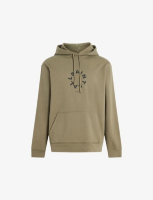 Allsaints Mens Ash Khaki Gree Tierra Logo-print Organic-cotton Hoody