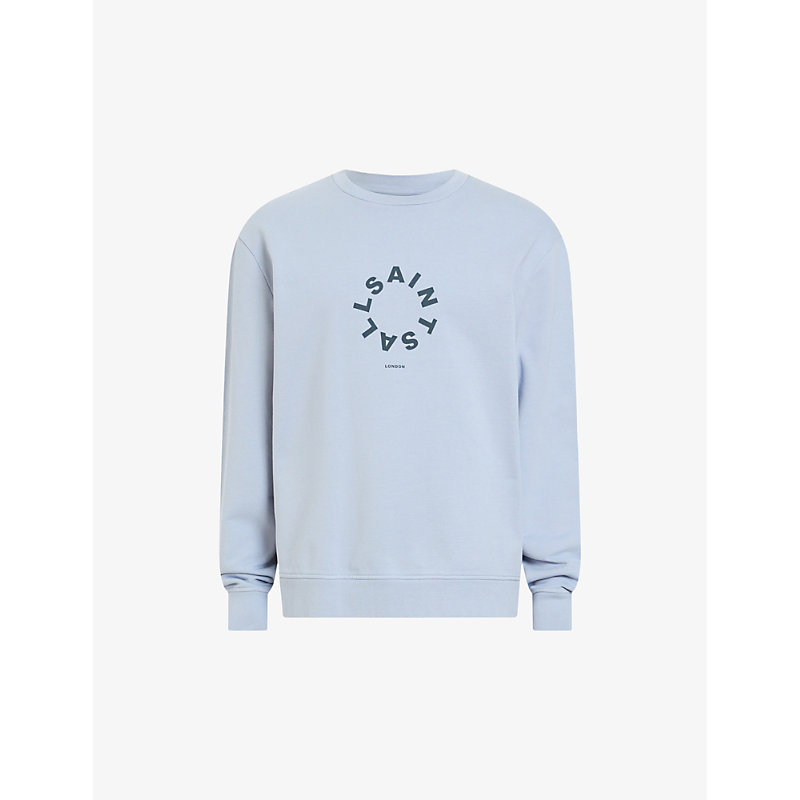 Shop Allsaints Men's Ashcott Blue Tierra Logo Text-print Organic-cotton Sweatshirt