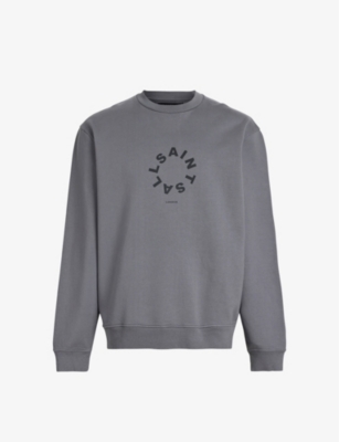 Allsaints Mens Wind Grey Tierra Logo Text-print Organic-cotton Sweatshirt