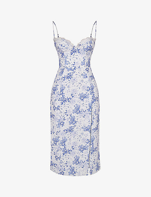 HOUSE OF CB: Charlotte floral-print fitted-corset stretch-woven midi dress