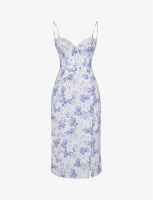 House Of Cb Womens Blue Charlotte Floral-print Fitted-corset Stretch-woven Midi Dress