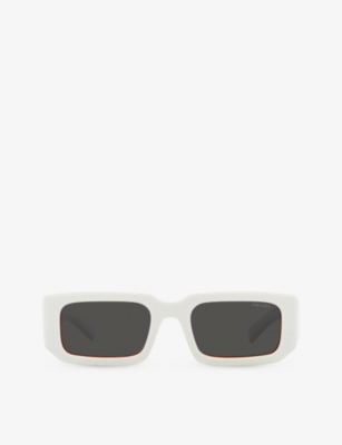 Prada Pr 27zsf Logo Beveled Acetate Rectangle Sunglasses In White