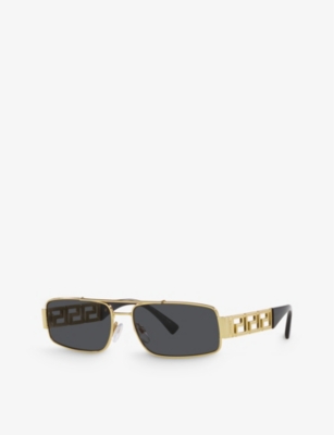 Shop Versace Women's Gold Ve2257 Greca-hardware Rectangle-frame Metal Sunglasses