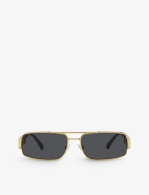 Shop Versace Women's Gold Ve2257 Greca-hardware Rectangle-frame Metal Sunglasses