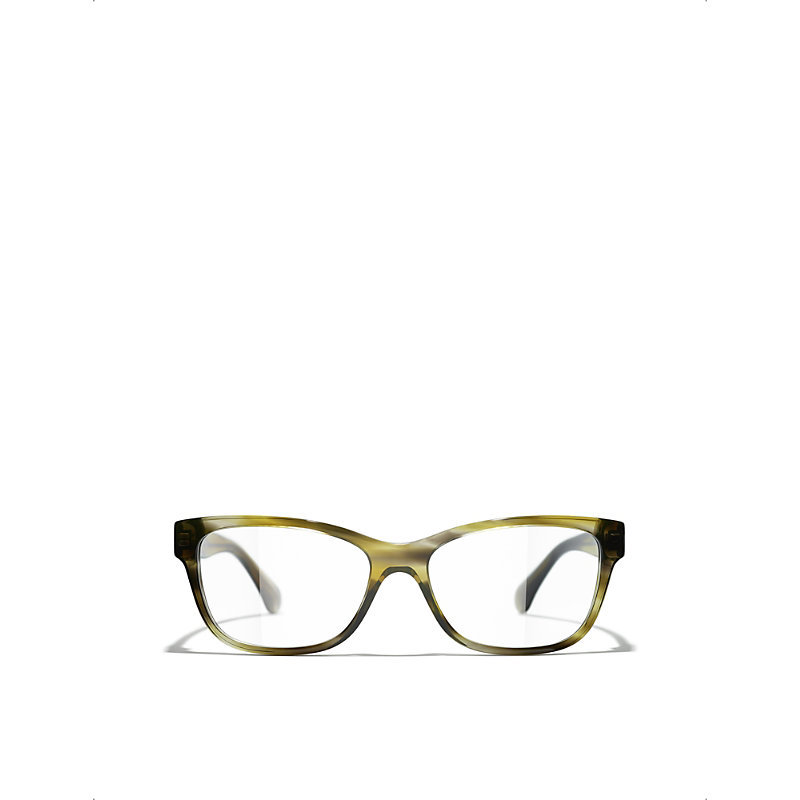 Pre-owned Chanel Womens Green Ch3449b Rectangle-frame Acetate Optical Glasses