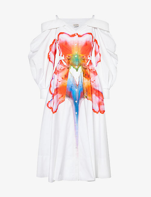 ALEXANDER MCQUEEN: Abstract-print off-the-shoulder cotton midi dress