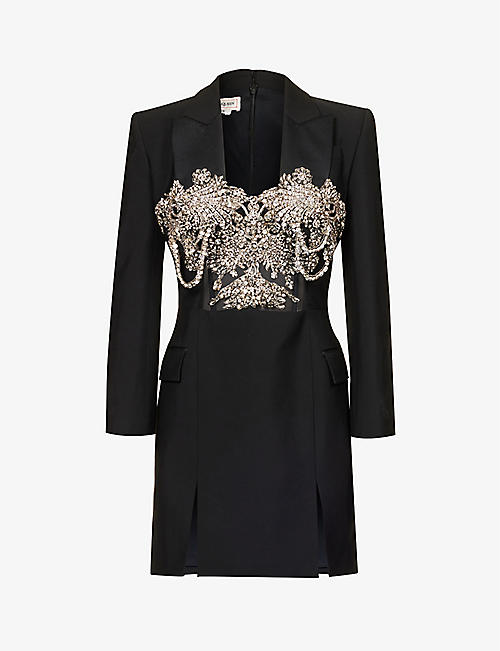 ALEXANDER MCQUEEN: Embellished-bodice peak-lapel slim-fit wool mini dress
