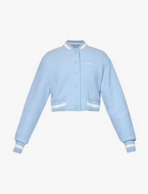 Shop Givenchy Women's Light Blue Brand-embroidered Cropped Wool Jacket