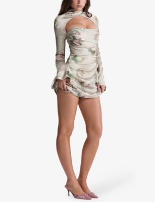 HOUSE OF CB: Toira floral-print draped-corset woven mini dress