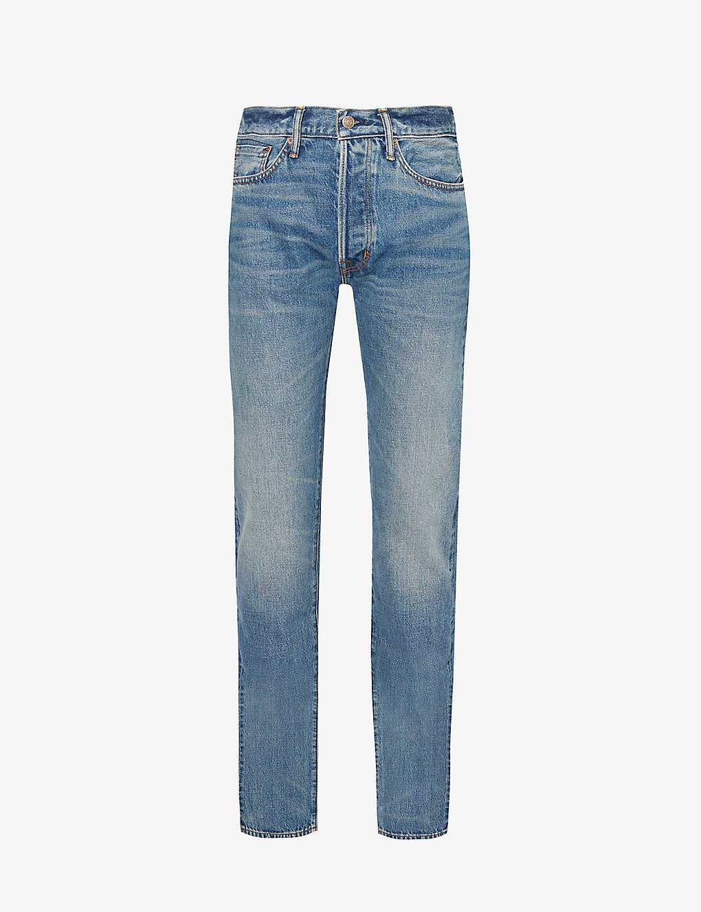 Shop Tom Ford Mens New Strong High / Low Faded-wash Straight-leg Regular-fit Selvedge Denim Jeans