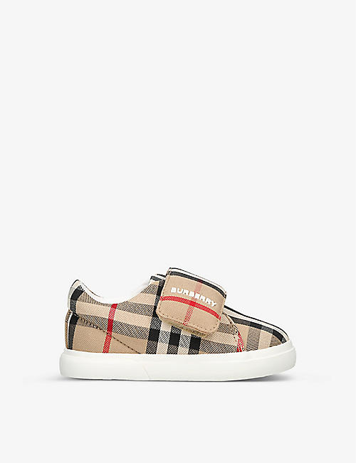 BURBERRY: James logo-print checked canvas low-top trainers 0-12 months
