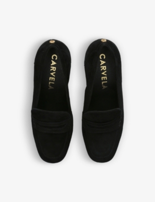 Shop Carvela Comfort Reign Brand-embossed Suede Heeled Loafers In Black