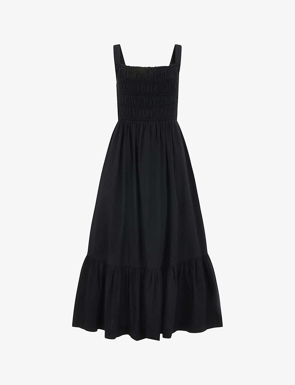 Whistles Womens Black Greta Shirred-bodice Cotton-poplin Midi Dress