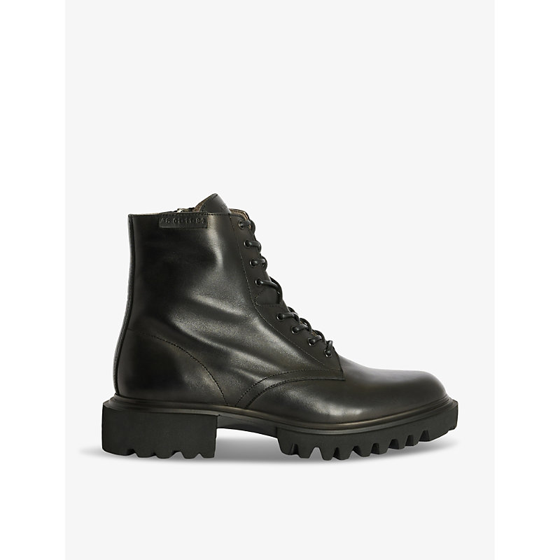 Shop Allsaints Vaughan Logo-embossed Lace-up Leather Ankle Boots In Black