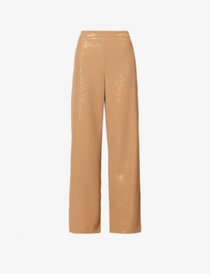 MAX MARA MAX MARA WOMEN'S CAMEL STELVIO SEQUIN-EMBELLISHED MID-RISE WIDE-LEG WOVEN TROUSERS,67160717