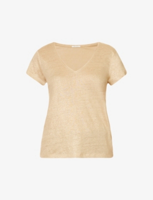 Ikks Womens Champagne V-neck Relaxed-fit Linen T-shirt In Cream