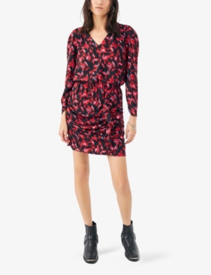 Shop Ikks Women's Red Floral-print Long-sleeved Woven Mini Dress