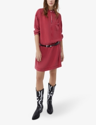 Shop Ikks Stud-neck Woven Denim Mini Dress In Dark Red