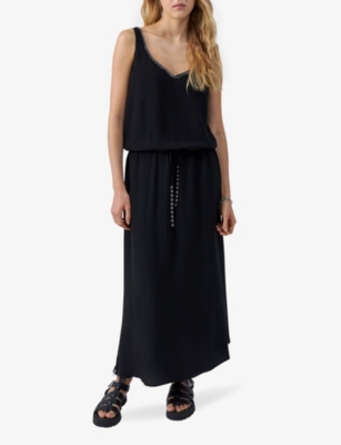 Shop Ikks Chain-embellished Woven Maxi Dress In Black