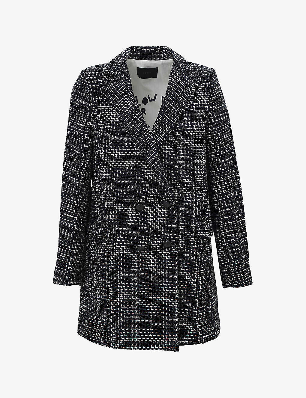 Ikks Womens Navy Blue Checked-pattern Double-breasted Cotton-blend Coat