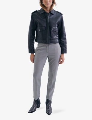 Shop Ikks Womens Black Stud-embellished Cropped Leather Jacket