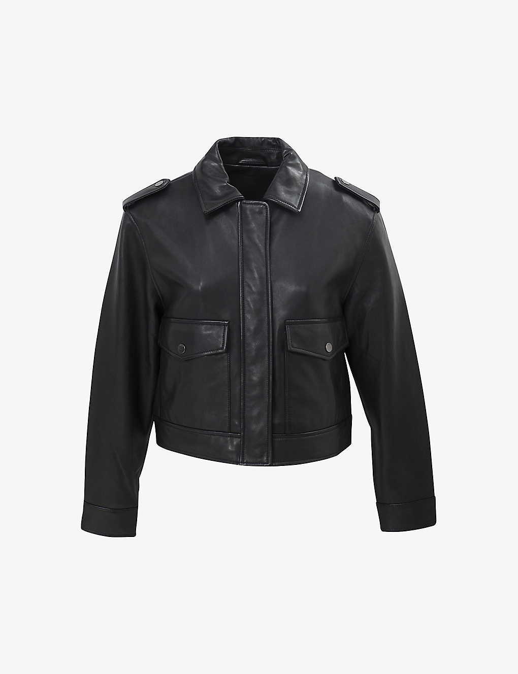 Ikks Womens Black Stud-embellished Cropped Leather Jacket