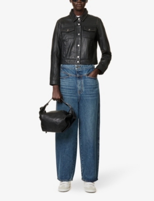 Shop Ikks Womens Black Cropped Studded Leather Jacket