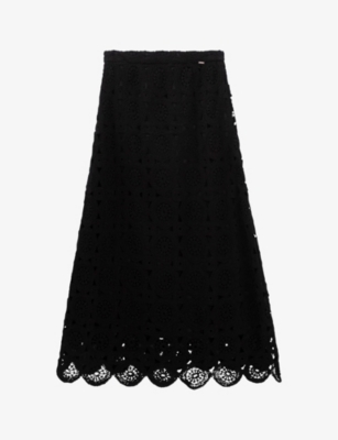 Ikks Womens Black Crochet-pattern Cotton Maxi Skirt