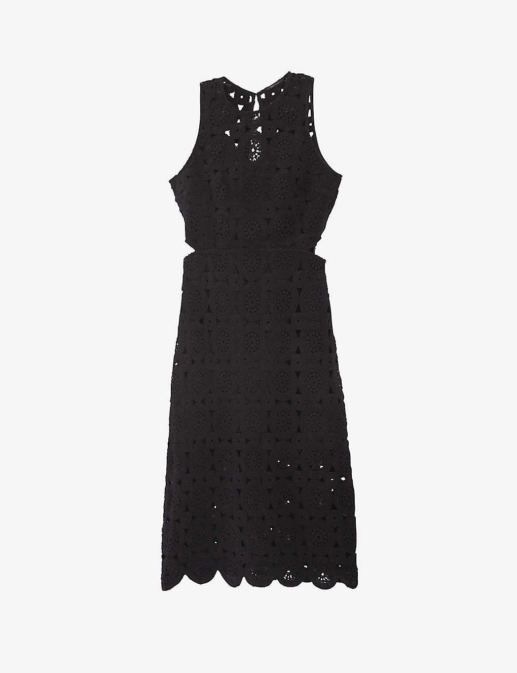 Ikks Womens Black Crochet-pattern Cotton Midi Dress