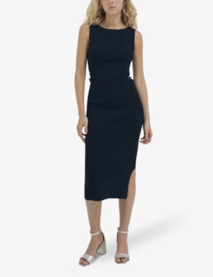 Shop Ikks Women's Black Sleeveless Round-neck Side-slit Knitted Midi Dress