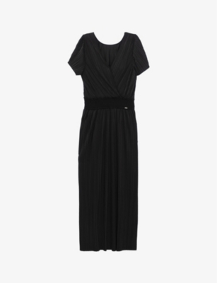 Ikks Womens Black Pleated Recycled-polyester Midi Dress