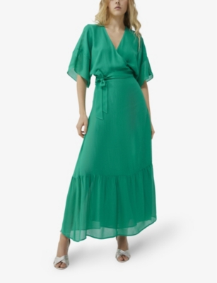 Shop Ikks Women's Light Green Frill-hem Short-sleeve Woven Wrap Midi Dress