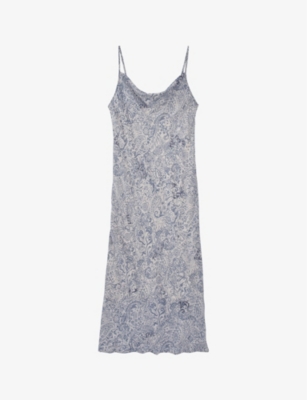 Ikks Womens Blue Grey Graphic-print Cowl-neck Woven Midi Dress