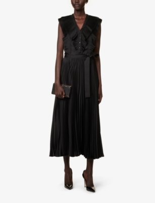 Shop Ikks Women's Black Pleated-panel Sleeveless Satin Maxi Dress