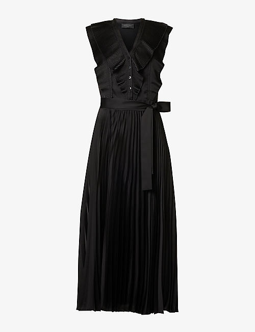 IKKS: Pleated-panel sleeveless satin maxi dress