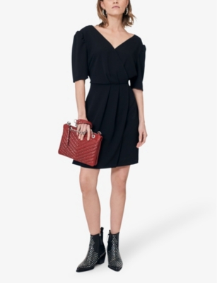 Shop Ikks V-neck Wrap-over Woven Mini Dress In Black