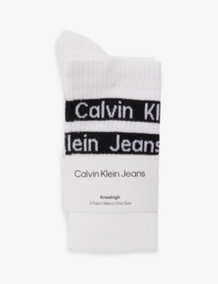 Calvin Klein Logo-band Ankle-rise Pack Of Two Stretch-cotton Blend Socks In  White / Black | ModeSens