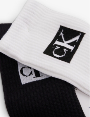 Shop Calvin Klein Men's Monochrome Logo-print Cuff Pack Of Two Stretch Cotton-blend Socks In White / Black