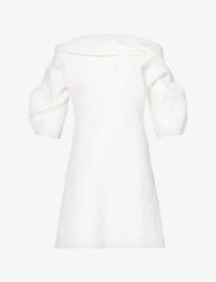 JIL SANDER JIL SANDER WOMEN'S OPTIC WHITE PUFF-SLEEVE COWL-NECK LINEN-BLEND MIDI DRESS,67176879