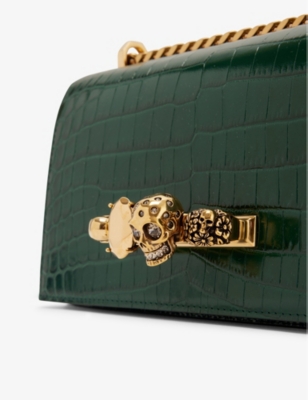 MCQUEEN: Skull mini croc-embossed leather cross-body bag