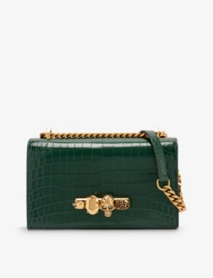 MCQUEEN: Skull mini croc-embossed leather cross-body bag