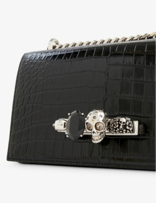 Shop Alexander Mcqueen Womens Black Skull Mini Croc-embossed Leather Shoulder Bag